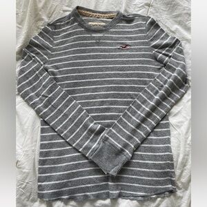 Vintage Y2K Hollister Grey and White Striped Ribbed Long Sleeve Sweater
